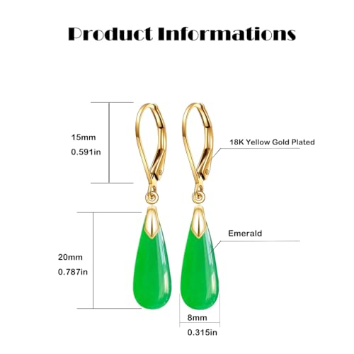 Natural Waterdrop Stone Drop Earrings,Yellow Gold Plated Real Genuine Teardrop Crystal Quartz Gemstone Dangle Earrings for Women Her - color: B02_Emerald