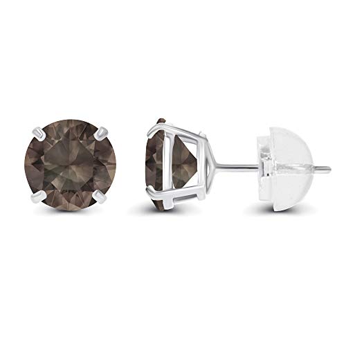 Solid 925 Sterling Silver Gold Plated 6mm Round Genuine Birthstone Gemstone Hypoallergenic Stud Earrings For Women - color: Smoky Quartz