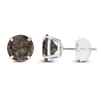 Solid 925 Sterling Silver Gold Plated 6mm Round Genuine Birthstone Gemstone Hypoallergenic Stud Earrings For Women - color: Smoky Quartz