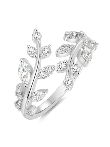 Silver Leaf Ring for Women 925 Sterling Silver Yellow Gold Plated CZ Inlaid Marquise Sapphire/Ruby/Emerald Cocktail Rings Size 6 to 10 - color: Cubic Zirconia - Silver