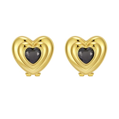 Chunky Gold Geometric Stud Earrings Trendy Vintage 14K Gold Plated Black Cubic Zirconia Statement Cocktail Earrings Dupes Jewelry for Women - style: Black Heart