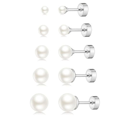 JINERA 5 Pairs Stud Earrings for Women 14K Plated Gold/Silver Pearl Ball Small Stud Earrings Set Cartilage Piercing Hypoallergenic Lightweight Flatback Earrings Jewelry Gifts for Women - color: 1 Pair Flat Back Pearl Earrings - Silver