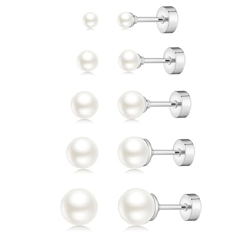JINERA 5 Pairs Stud Earrings for Women 14K Plated Gold/Silver Pearl Ball Small Stud Earrings Set Cartilage Piercing Hypoallergenic Lightweight Flatback Earrings Jewelry Gifts for Women - color: 1 Pair Flat Back Pearl Earrings - Silver