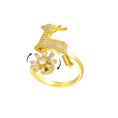Sunflower Fidget Ring for Women Gold Anxiety Crystal Rings Cubic Zirconia Sunflower Open Adjustable Fidget Ring Spinner Sun Ring for Men Trendy Jewelry - color: Deer Gold