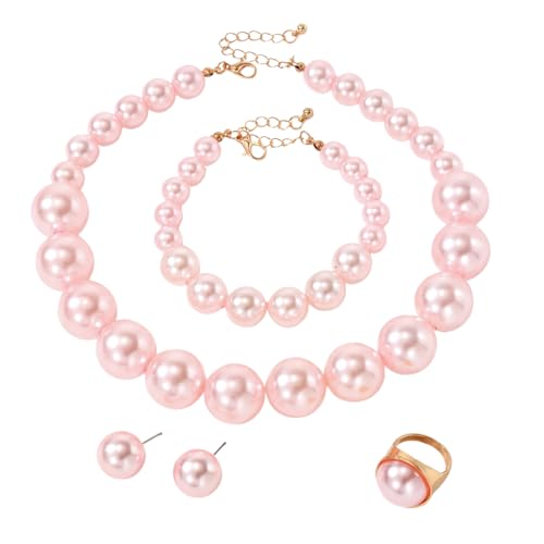 Large Big Simulated Pearl Adjustable Chain Necklace Bracelet Dangling Earrings Ring for Women Jewelry Set Imitation Dainty Elegant Wedding Party Birthday - color: pink