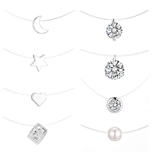 Starain 8 Pcs Fishing Line Necklace for Women Single Moon Star Cubic Zircon Pendant Choker Necklace Set - color: Siver