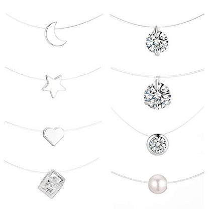 Starain 8 Pcs Fishing Line Necklace for Women Single Moon Star Cubic Zircon Pendant Choker Necklace Set - color: Siver