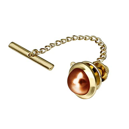 AMITER Crystal/Pearl Tie Tack with Chain, Gold Mens Tie Pin Necktie Pins Lapel Pin for Wedding Birthday Anniversary Party - color: 24k Gold+Brown Imitation Pearl