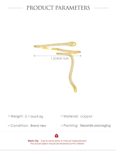 Dainty Crystal Snake Open Ring for Women CZ Snake Ring Gold/Silver Cubic Zirconia Adjustable Copper Ring for Her Lover Animal Snake Index Finger Ring - color: gold