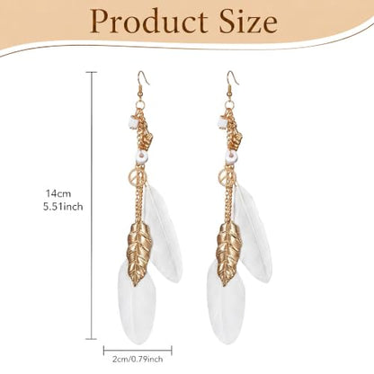 FRESHME Native American Earrings for Women - Ethnic Boho Feather Dangle Jewelry with Tessel for Birthday Party Photoshoot - color: White