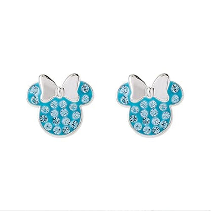 Disney Minnie Mouse Jewelry, Sterling Silver Pave Birthstone Crystal | Stud Earrings - color: March-Aquamarine Light Blue Crystal