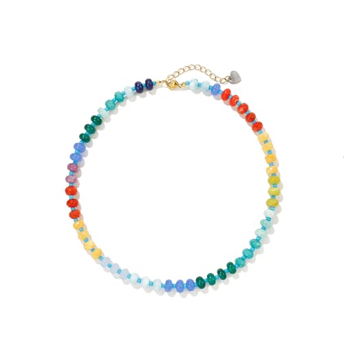 Joya Love Colorful Gemstone Beaded Necklaces For Women Trendy Rainbow Natural Stone Boho Handmade Stainless Steel Waterproof Strand Necklaces Jewelry For Women Gift - color: Red Yellow