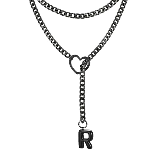 Black Heart Slip Chain Initial Necklaces for Women, Stainless Steel Wrap Choker Necklace, Gothic O-Ring Adjustable Lariat Y Necklaces, Punk Cuban Collar Choker Necklace, Halloween Jewelry Gift - color: Black R