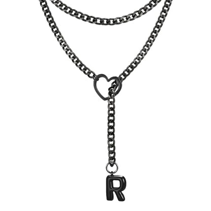 Black Heart Slip Chain Initial Necklaces for Women, Stainless Steel Wrap Choker Necklace, Gothic O-Ring Adjustable Lariat Y Necklaces, Punk Cuban Collar Choker Necklace, Halloween Jewelry Gift - color: Black R