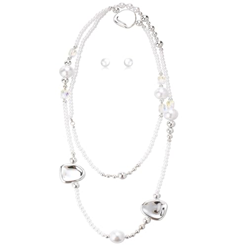 Errally Long Pearl Necklace and Earring Set Layered Pearl Beaded Necklaces for Women White Costume Jewelry Sets Gifts for Mom - color: Silver Piece
