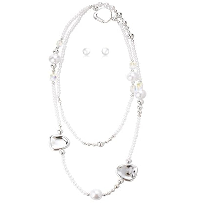 Errally Long Pearl Necklace and Earring Set Layered Pearl Beaded Necklaces for Women White Costume Jewelry Sets Gifts for Mom - color: Silver Piece