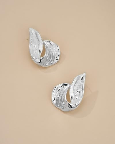 SNGIA 18K Gold Plated Chunky Statement Stud Earrings for Women by SNGIA, Geometric Square Triangle Irregular Knot Dome Earrings, Ribbed Ribbon Textured Gold Silver Fashion Jewelry Gift - style: Silver Plated, Curved