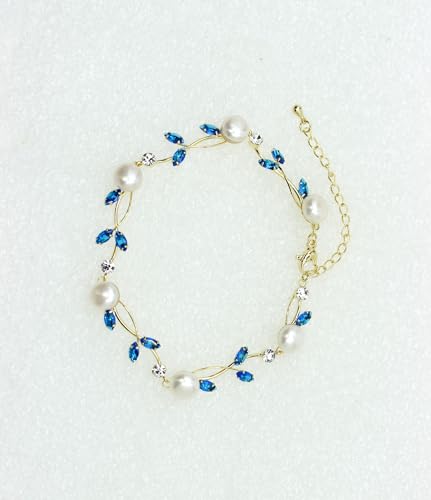 Faship Genuine Freshwater Pearls Floral Necklace Earrings Set | Premium CZ Crystal, Gorgeous, Sparkling - color: Blue / Gold Plated / Matching Bracelet