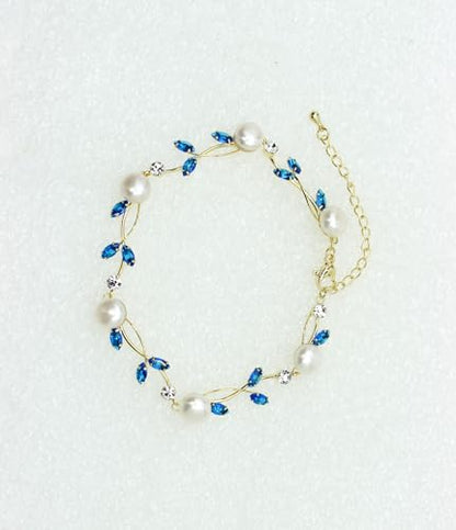 Faship Genuine Freshwater Pearls Floral Necklace Earrings Set | Premium CZ Crystal, Gorgeous, Sparkling - color: Blue / Gold Plated / Matching Bracelet