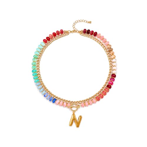 Colorful Beaded Bubble Letter Necklace For Women, Boho Double Layer Dopamine Rainbow Resin Beads Thick Cuban Chain Chunky With Initials Pendant Necklaces Summer Beach Jewelry Gift ﻿ - color: Dop N