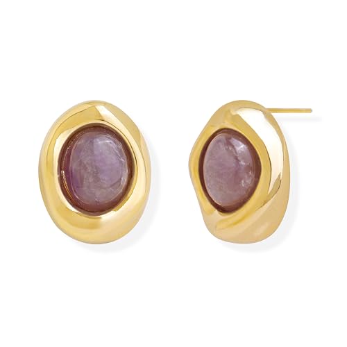 Jean Beau Chunky Gold Stone Stud Earrings for Women, Trendy Natural Gemstone Hypoallergenic Earing Valentine Jewelry Gift - color: Amethyst Purple