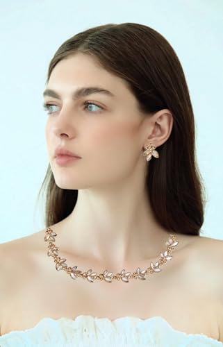 Bridal Wedding Crystal Leaf Choker Necklace Dangle Earring Bracelet Brides Bridesmaid Jewelry Set for Women - color: Champagne-Gold Plated