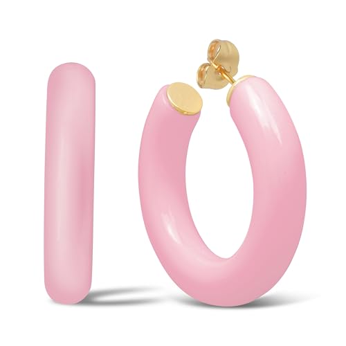 Gold Plated Multicolor Resin Chunky Thick Open Hoop Earrings in 57MM and 37.5MM Diameters - color: Pink - Pastel - Glossy Finish, size: 37.5MM (1.48") Diameter