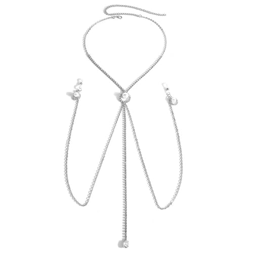 Sexy Rhinestone Pearl Tassel Non Piercing Nipple Chain Jewelry for Women Crystal Drop Chest Chain Festival Rave Nipple Body Jewelry for Party - color: Silver