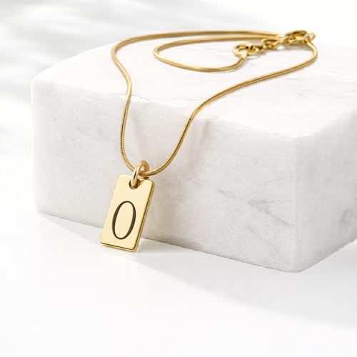 Initial Necklace in 18K Gold Plated, Personalized Engraved Letter Pendant, Gold Snake Chain, 6×10 mm Rectangle Charm for Women - color: O