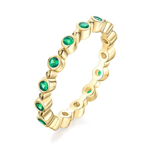 2.2mm Thin Stackable Full Eternity Rings for Women 14K Gold Plated | Cubic Zirconia/Emearld/Ruby/Sapphire Wedding Promise Band Ring for Her Valentines Anniversary Size 6-10 - color: B-Emerald