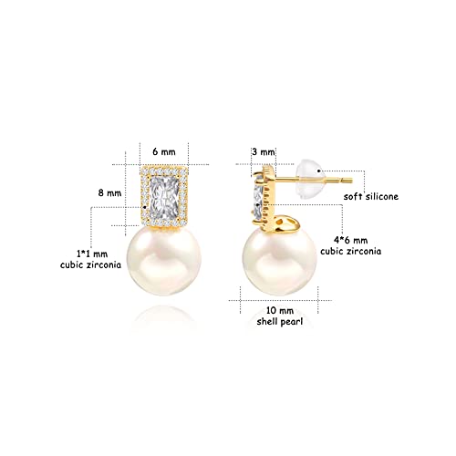 925 Sterling Silver Hoop Handpicked AAA+ Quality 7.5-8mm White Freshwater Cultured Pearl Dangle Drop Earrings Jewelry for Women - color: 4. Gold Plated CZ