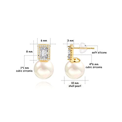 925 Sterling Silver Hoop Handpicked AAA+ Quality 7.5-8mm White Freshwater Cultured Pearl Dangle Drop Earrings Jewelry for Women - color: 4. Gold Plated CZ
