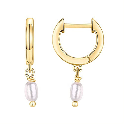 PAVOI 14K Gold Plated Huggie Hoop Earrings with Charms for Women - 925 Sterling Silver Posts Dainty Motif Huggie Hoop Dangle Earrings - Lightweight Dangle Drop Jewelry with Cubic Zirconia - style: Pearl