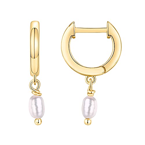 PAVOI 14K Gold Plated Huggie Hoop Earrings with Charms for Women - 925 Sterling Silver Posts Dainty Motif Huggie Hoop Dangle Earrings - Lightweight Dangle Drop Jewelry with Cubic Zirconia - style: Pearl