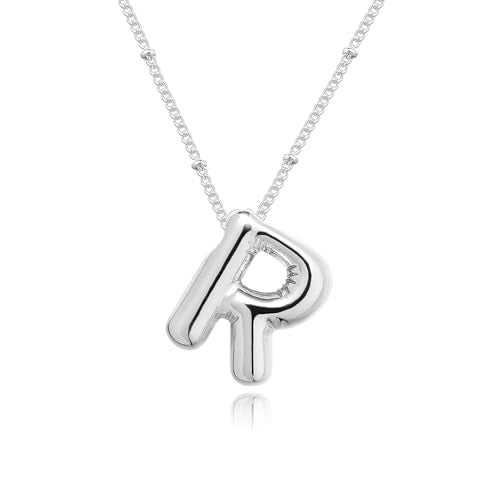 Ewrkbrㅤ Initial Necklaces for Women, 14k Gold Plated Bubble Letter Necklace Chunky Gold Necklace Dainty Charm Initial Necklaces for Women Trendy Custom Preppy Stocking Stuff Necklace Christmas Gifts - color: Silver, style: R
