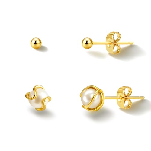 Pearl Earrings for Women 14k Gold/Silver Pearl Drop Earrings Long White Pearl Tassel Dangle Statement Earrings Bridal Wedding Dainty Prom Earrings Birthday Gifts Jewelry - color: Gold Caged Pearl+Ball Stud Earrings
