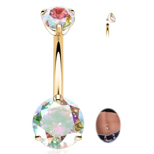 FUNLMO 14G Belly Button Ring Titanium Belly Button Piercing Belly Ring Internally Threaded Navel Piercing Jewelry - color: Gold-Aurora Borealis CZ
