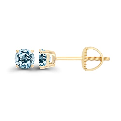 14K Gold Plated 925 Sterling Silver Hypoallergenic 4mm Round Genuine Birthstone Solitaire Screwback Stud Earrings - color: Blue Topaz-Sky Blue Topaz