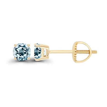 14K Gold Plated 925 Sterling Silver Hypoallergenic 4mm Round Genuine Birthstone Solitaire Screwback Stud Earrings - color: Blue Topaz-Sky Blue Topaz