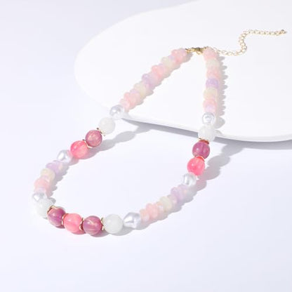 RISHEGAE Chunky Beaded Necklace for Women Boho Resin Beaded Choker Necklace Adjustable Surfer Beach Strand Necklaces Gold Handmade Acrylic Beads Jewelry Gift for Women - color: Style 2pink