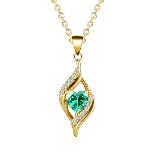 Birthstone Necklace for Women, 14K Gold Plated Heart Cubic Zirconia Pendant, Dainty Birthstone Jewelry Necklace Gifts for Birthday, Valentine’s Day Mother's Day - color: May-Emerald