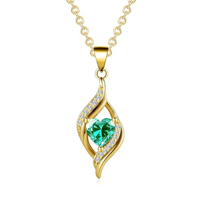 Birthstone Necklace for Women, 14K Gold Plated Heart Cubic Zirconia Pendant, Dainty Birthstone Jewelry Necklace Gifts for Birthday, Valentine’s Day Mother's Day - color: May-Emerald