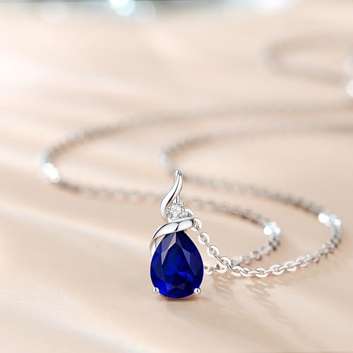 FANCIME 14K Solid White Gold Birthstone Pendant Necklace for Women with Diamond Pear Shaped Teardrop Necklace Birthday Gifts for Mom Women,Sterling Silver Chain 16" + 2" Extender - color: 09-Sapphire