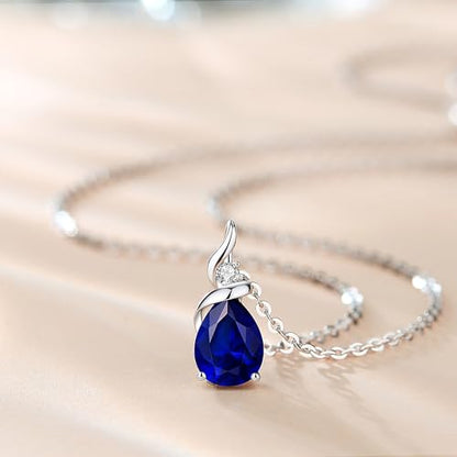 FANCIME 14K Solid White Gold Birthstone Pendant Necklace for Women with Diamond Pear Shaped Teardrop Necklace Birthday Gifts for Mom Women,Sterling Silver Chain 16" + 2" Extender - color: 09-Sapphire