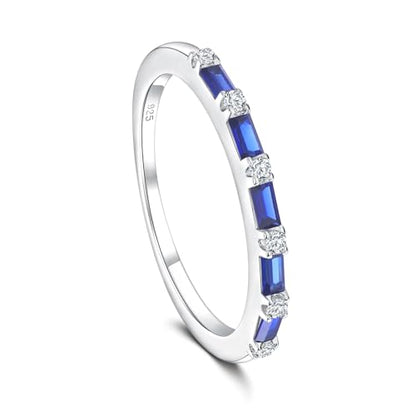 925 Sterling Silver 1.5mm Thin Baguette Stackable Rings for Women | Created Ruby/Sapphire/Emerald/Cubic Zirconia,Dainty Wedding Band Birthday Anniversary Jewelry(with Gift Box) - color: 05-Created Sapphire & CZ