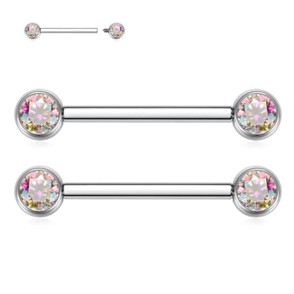 FUNLMO 2pcs Nipple Piercing Jewelry Titanium Nipple Rings Internally Threaded Tongue Rings Bridge Piercing Jewelry Nipple Barbells 14G 12-20mm - color: Silver,Aurora Borealis CZ