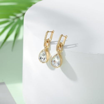 Crystals Teardrop Dangle Drop Earrings, 18K Gold Plated Hoop Earrings Zirconia Jewelry for Women Gifts - color: White-Long