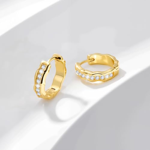 Silver Hoop Earrings, Small Chunky Silver Shiny Cubic Zirconia Twisted Hoop Earrings for Women Trendy Hypoallergenic Lightweight Thick Wave Huggie Earing Jewelry for Women Gifts in Box - color: 14K Gold