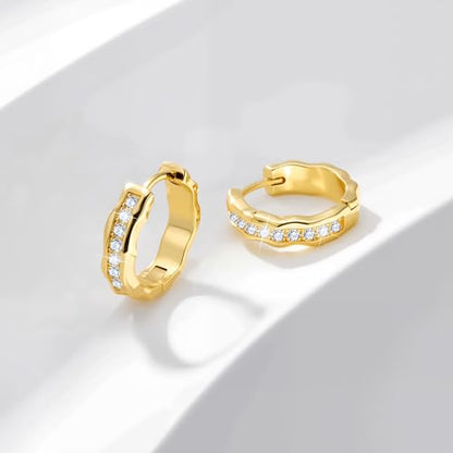 Silver Hoop Earrings, Small Chunky Silver Shiny Cubic Zirconia Twisted Hoop Earrings for Women Trendy Hypoallergenic Lightweight Thick Wave Huggie Earing Jewelry for Women Gifts in Box - color: 14K Gold