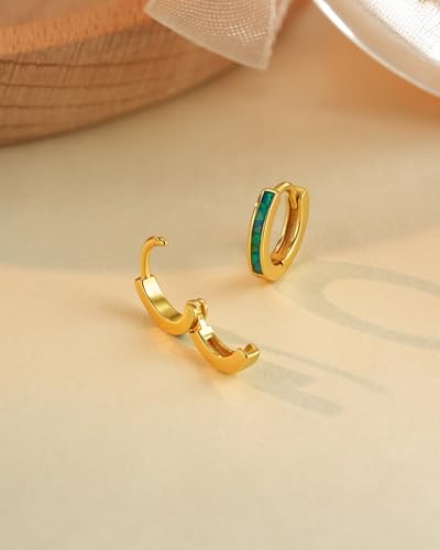 Dainty Opal Huggie Earrings, 14K Gold Plated Cartilage Earrings Jewelry Gift for Women Teen Girls with Quote Card and Velvet Gift Pouch - style: Huggie Earring - Garden Green Opal